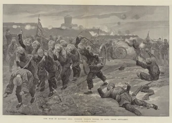 Der Krieg in Ostasien, chinesische Truppen versuchen, ihre Artillerie zu retten